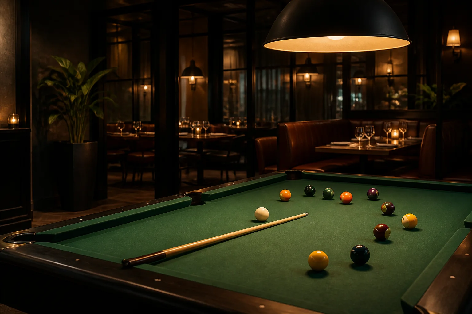 Inspiration visuelle d’un billard dans un lounge, ne représentant pas une photographie officielle du Coin Bourgeoys.