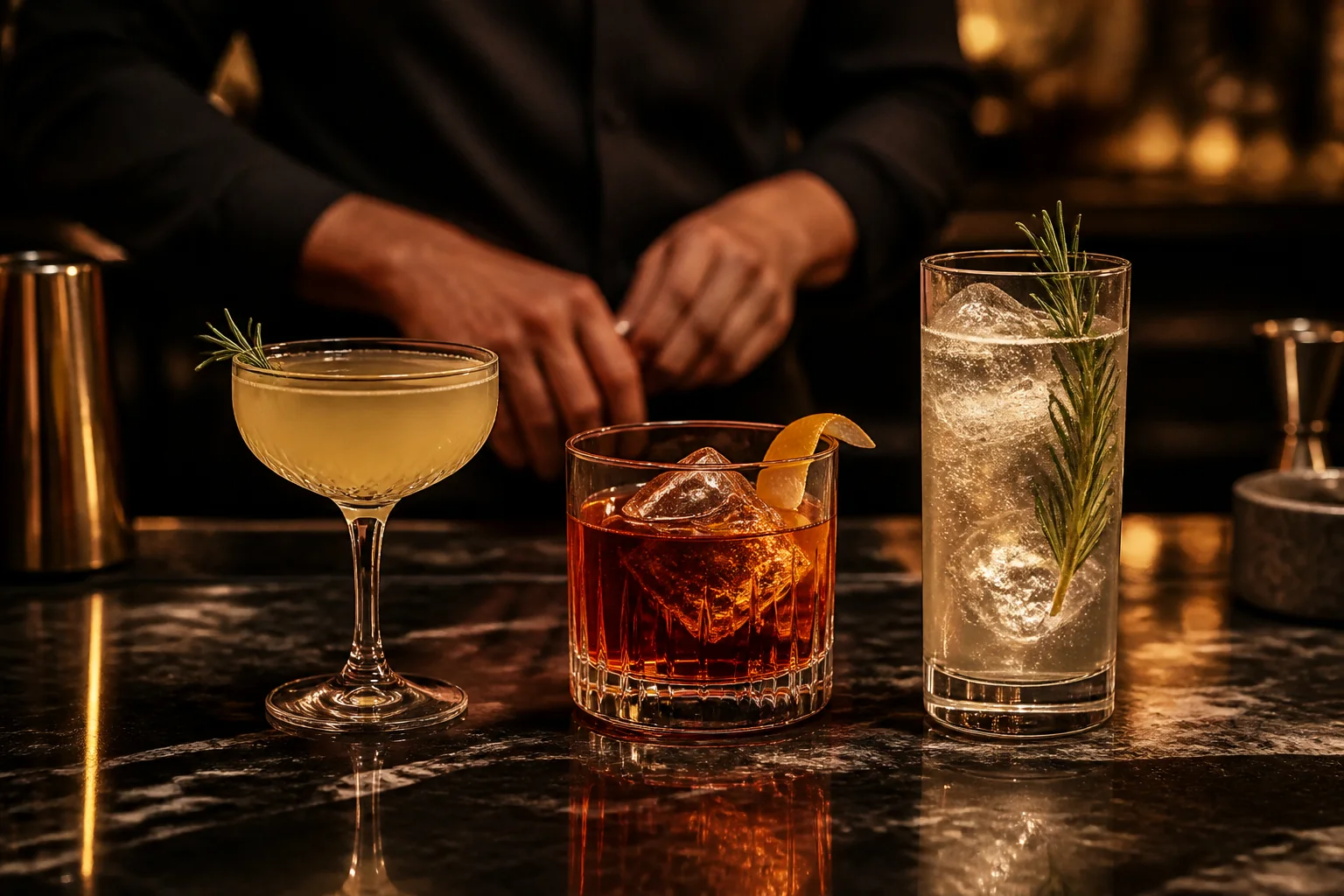Inspiration visuelle de cocktails élégants, ne représentant pas la carte officielle du Coin Bourgeoys.