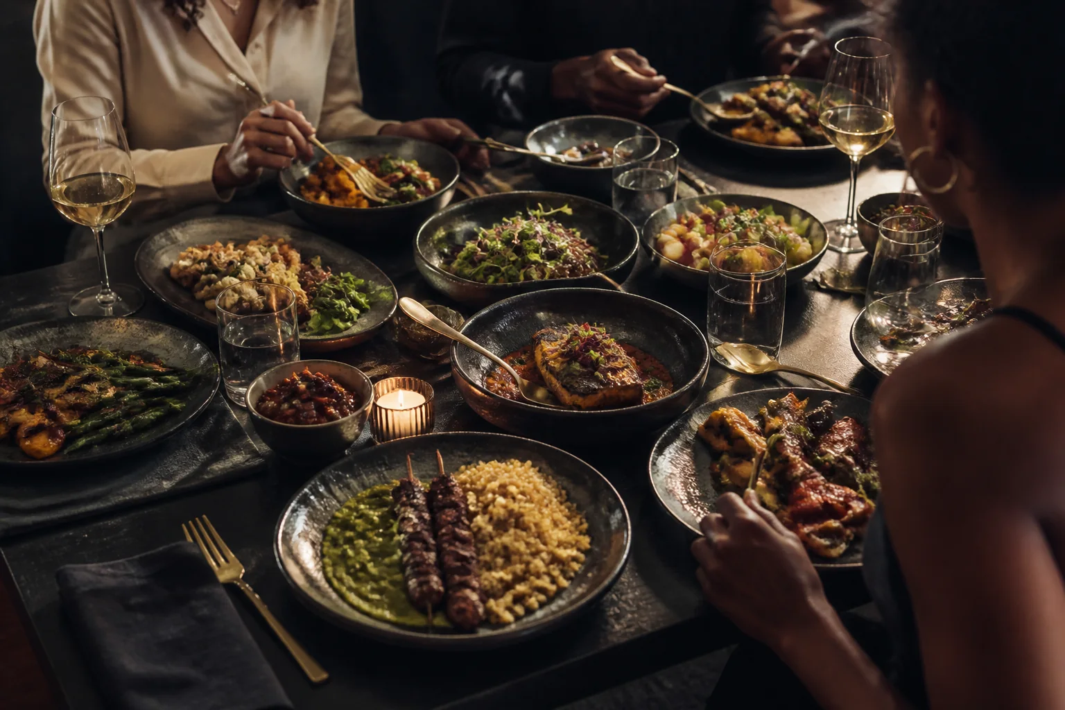 Inspiration visuelle d’une table de cuisine afro-européenne, ne représentant pas des plats officiels du Coin Bourgeoys.